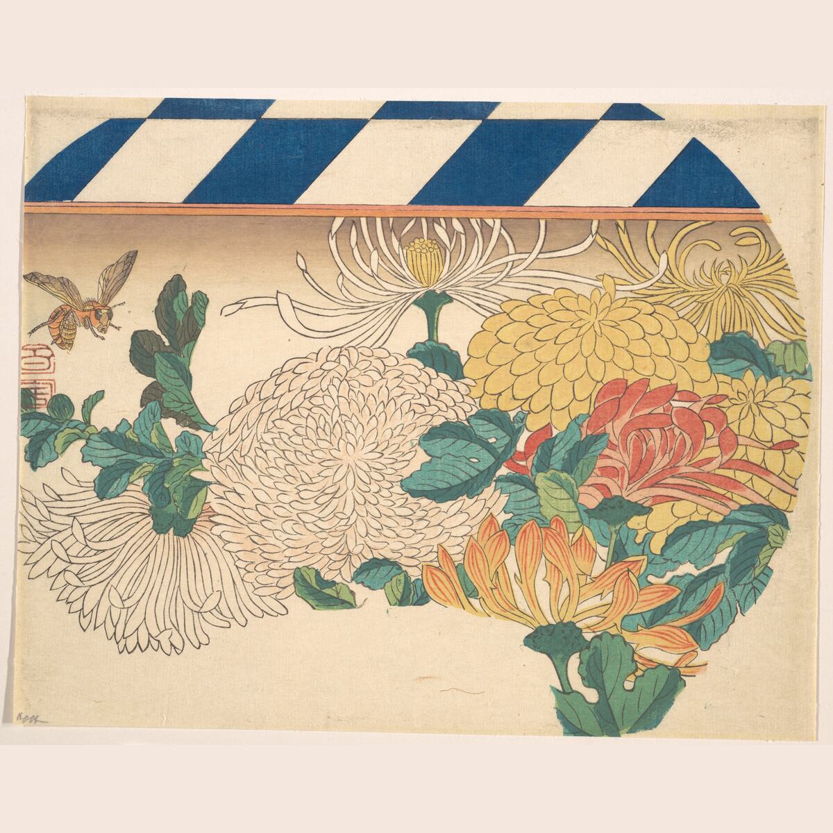Chrysanthemums on a fan, classic flash, Utagawa Hiroshige