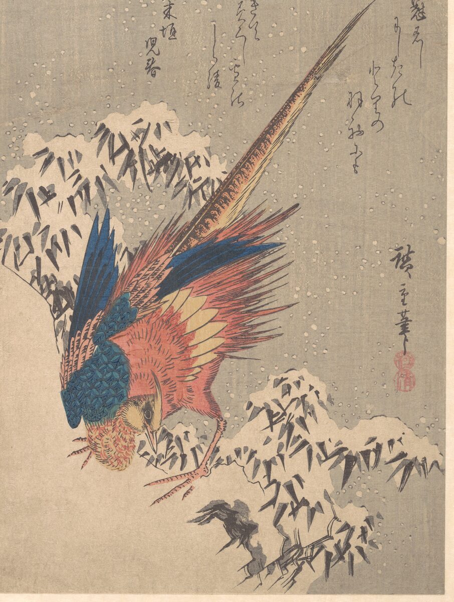 Pheasant in snowy bamboo, classic flash, Utagawa Hiroshige