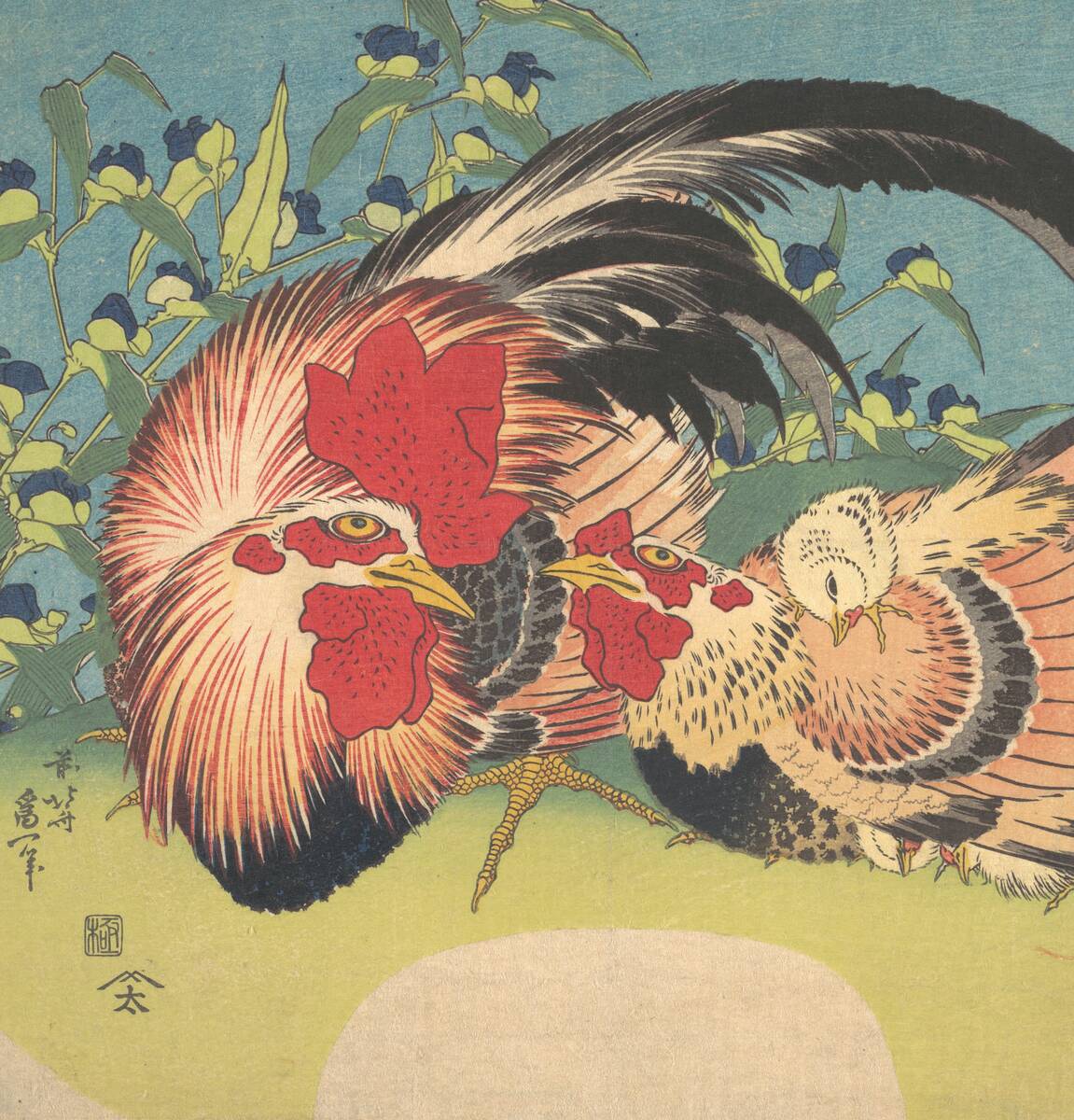 Rooster, hen and chick, classic flash, Katsushika Hokusai