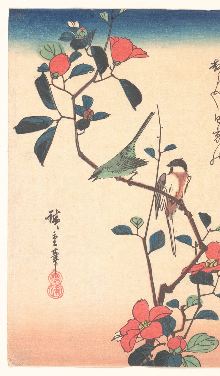 White-eye and tit on camellia, classic flash, Utagawa Hiroshige