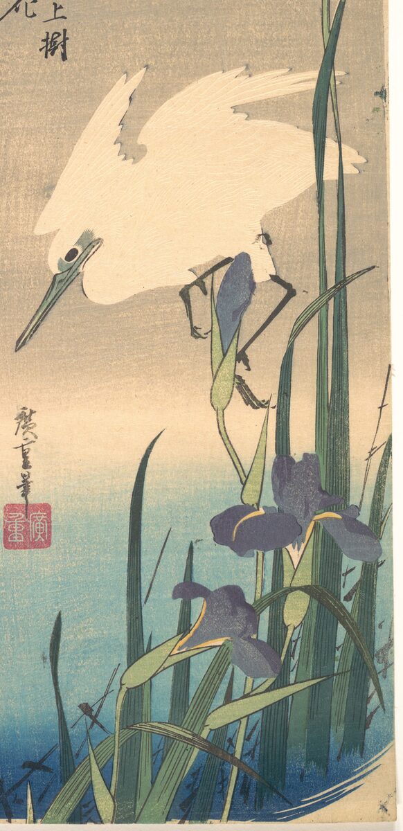 White heron and iris, classic flash, Utagawa Hiroshige