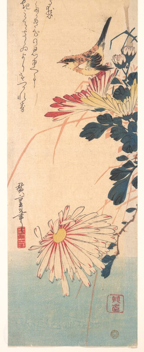 Wren and chrysanthemums, classic flash, Utagawa Hiroshige
