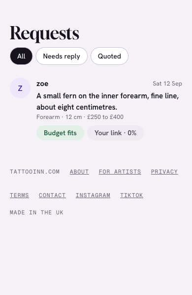 Screenshot of the TattooInn Request inbox on a phone