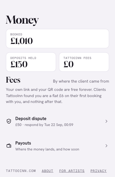 Screenshot of the TattooInn Money on a phone