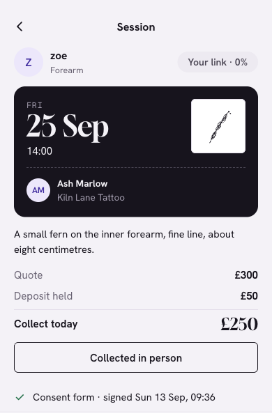 Screenshot of the TattooInn Session and consent on a phone